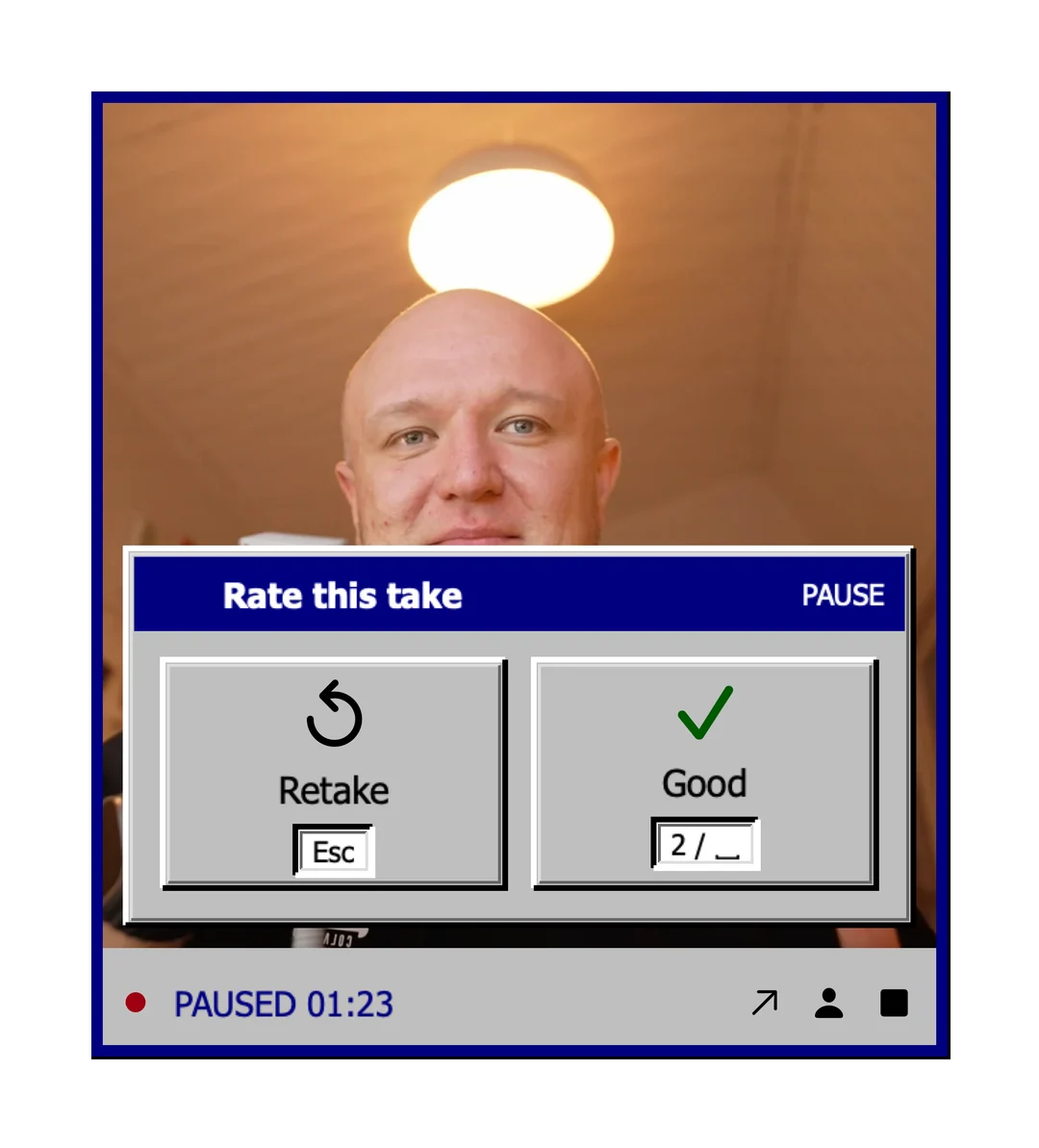 Small Fiklo camera window showing take review controls while the recording is paused.