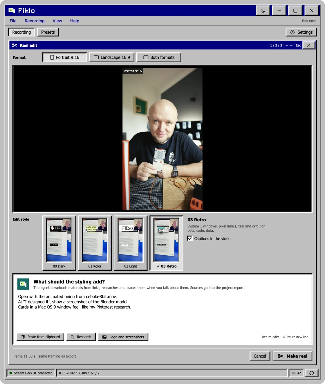 Fiklo Reel edit window: format choice, the 03 Retro style and a notes field for the agent with the winking Fiklo mascot.