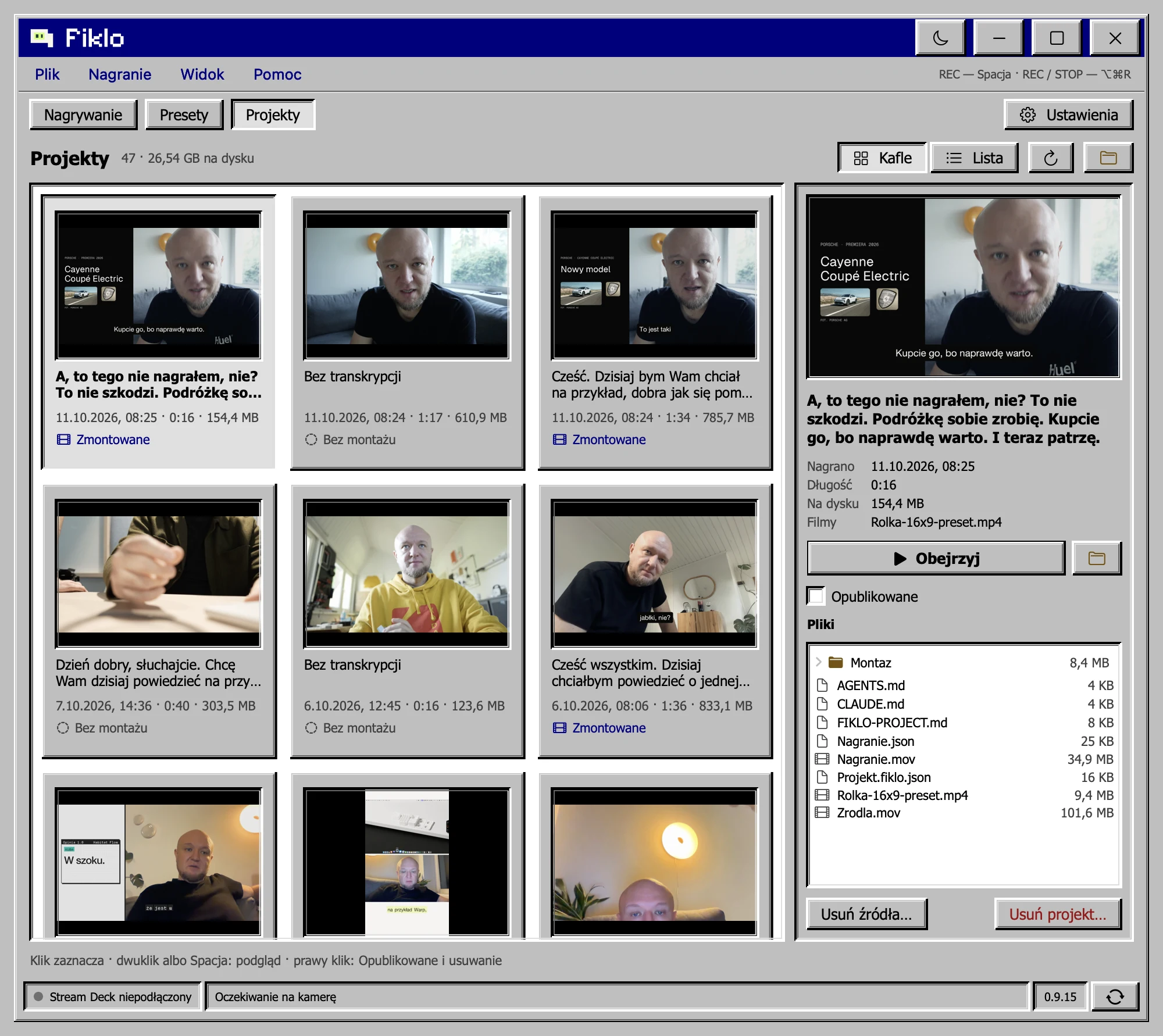 Fiklo Projects in Polish showing recording tiles, disk usage and the selected project's file tree.